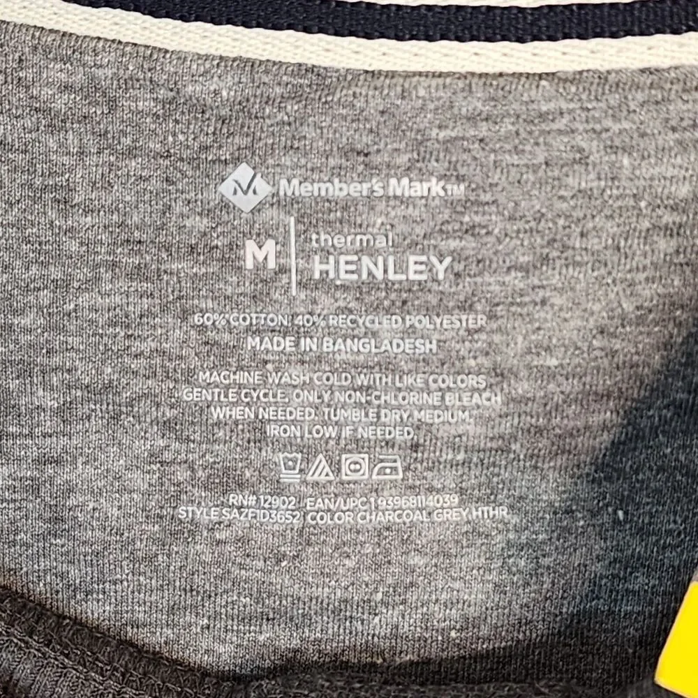 Members Mark Mens Thermal Henley Shirt Charcoal Grey Heather Long Sleeve‎ Medium